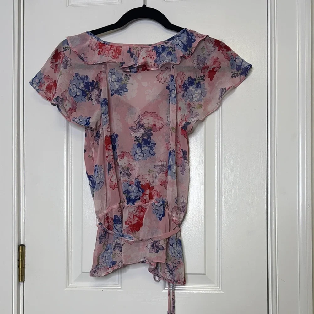 Zara Ruffled Flutter Sleeve Blouse in Pink and Blue - Picture 6 of 7